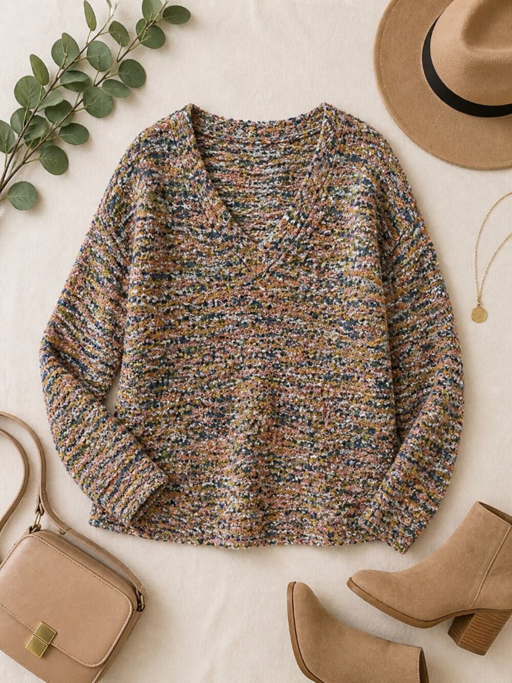 Rachel Zoe Multicolor Speckled Knit V-Neck Sweater Long Sleeve Size S